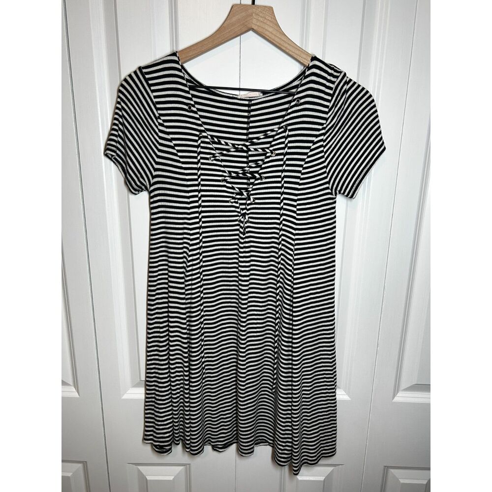 Maronie Black White Striped Lace Up V Neck Ribbed T-Shirt Mini Dress Size S